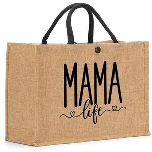Mama Life Jute Tote Bag Gift for Mom Reusable Burlap Market Bag New